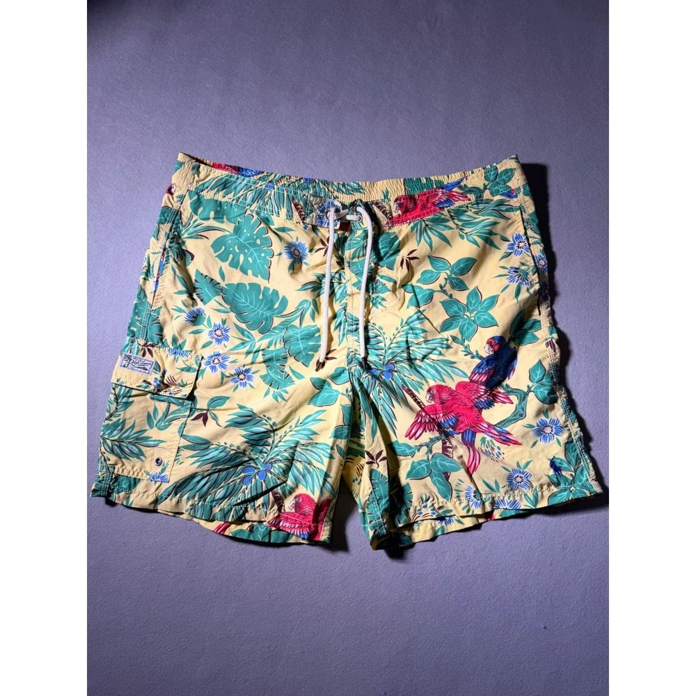 Vintage Polo Ralph Lauren Swim Trunks Mens Large Yellow Tropical Parrot Print